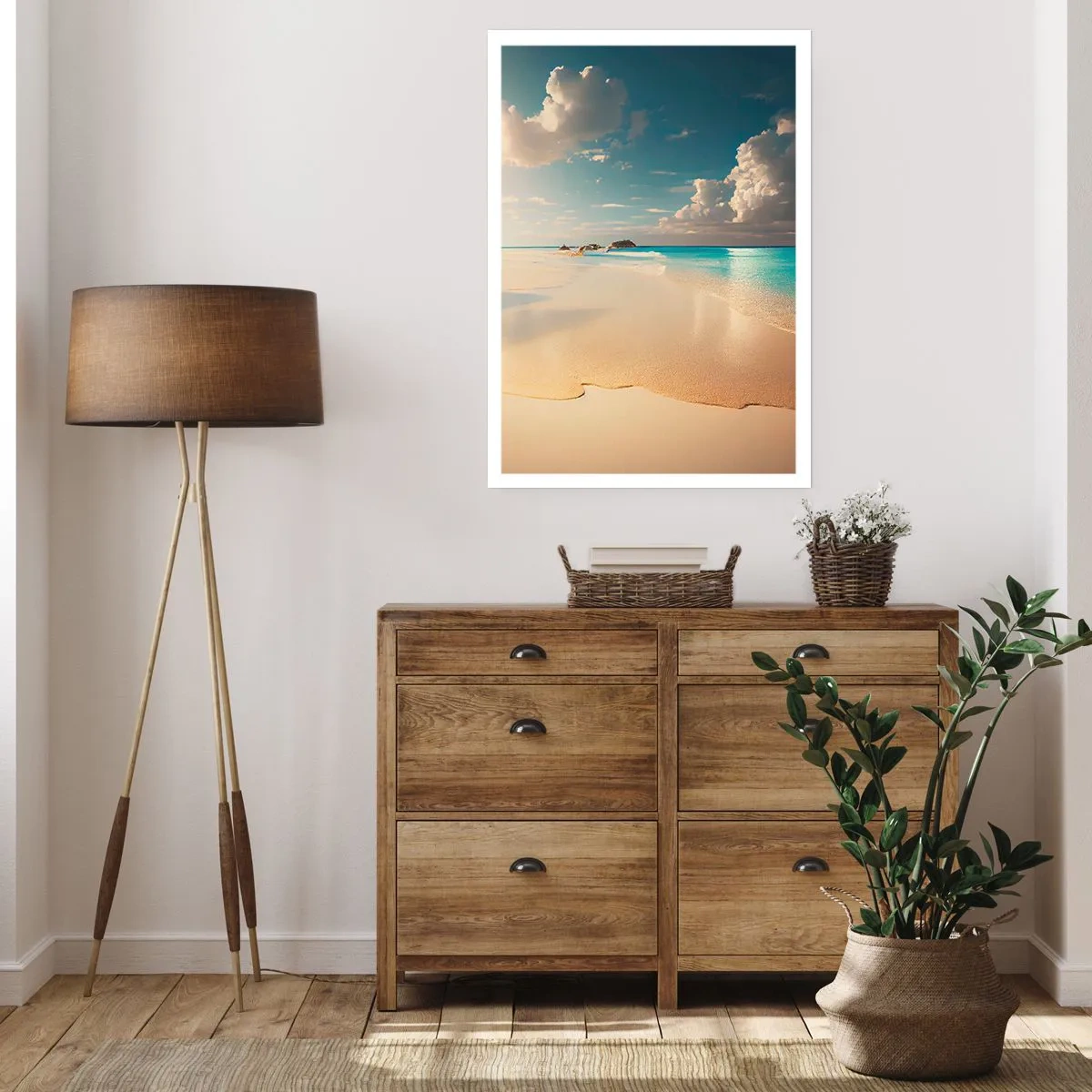 Póster - Una playa con agua turquesa, nubes delicadas y arena. - 50x70cm - Un día de ensueño - Decoración de pared moderna para salón y dormitorio ARTTOR