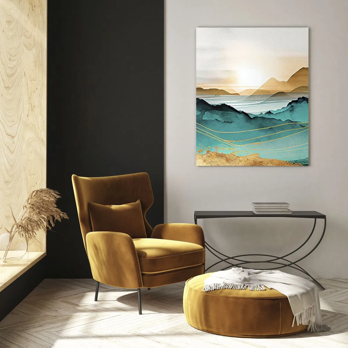 Cuadro sobre vidrio - Impresiones sobre Vidrio - Un paisaje de montaña dorado y turquesa en estilo acuarela. - 50x70cm - Al borde de la abstracción - paisaje - Decoración de pared moderna para salón y dormitorio ARTTOR