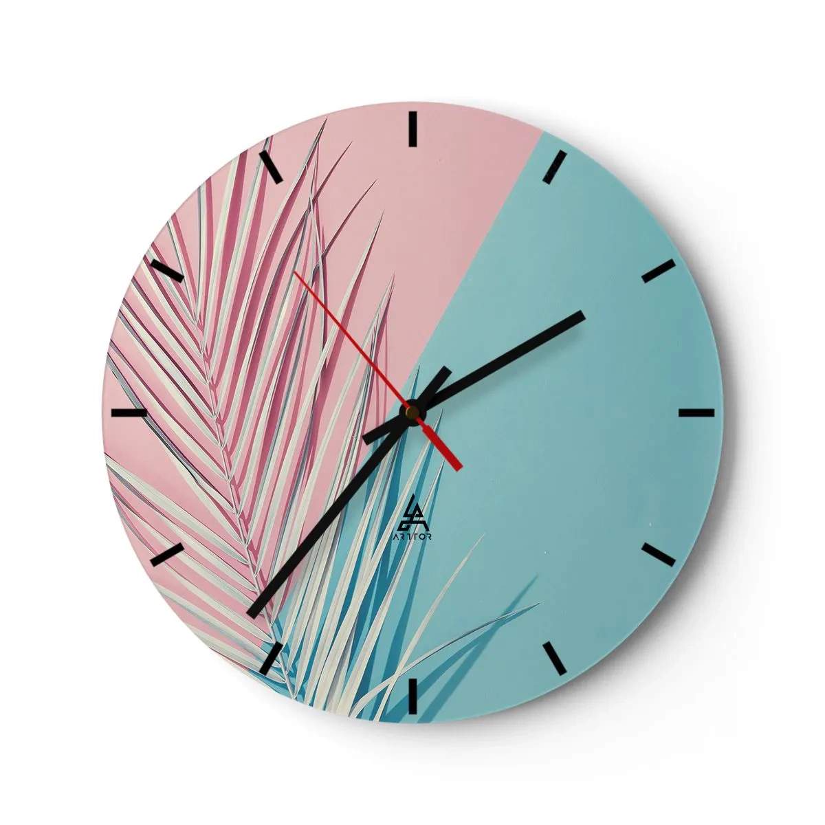 Reloj de pared - Reloj de vidrio - Hojas de palma sobre un fondo rosa pastel y azul. - 30x30cm - Impresión tropical - Decoración de pared moderna para salón, cocina y dormitorio ARTTOR