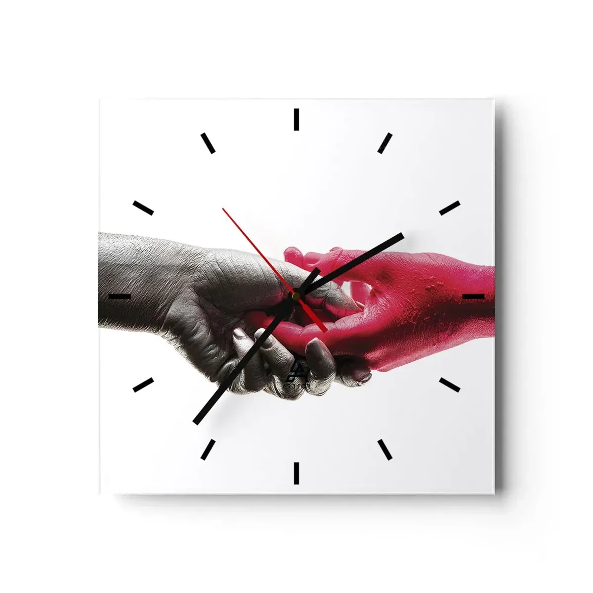 Reloj de pared - Reloj de vidrio - Manos simbólicas en plata y rojo. - 30x30cm - Juntos, aunque diferentes - Decoración de pared moderna para salón y dormitorio ARTTOR