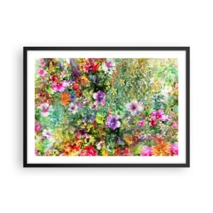 Póster en marco negro - Un arreglo floral colorido sobre un fondo verde. - 70x50cm - En flores a la perdición - Decoración de pared moderna para salón y dormitorio ARTTOR