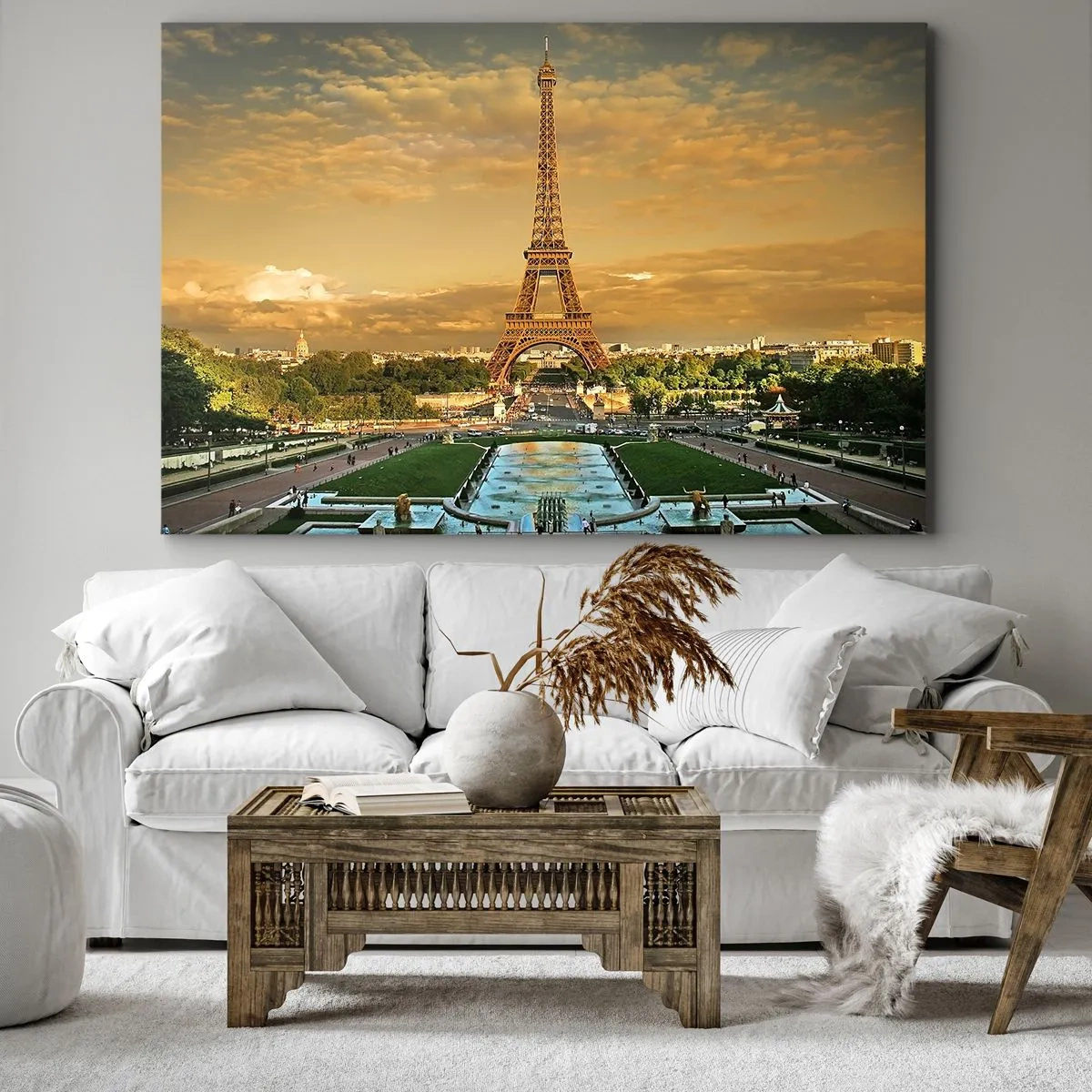 Cuadro sobre lienzo - Impresión de Imagen - La Torre Eiffel en París al atardecer - 100x70cm - Reina de París - Decoración de pared moderna para salón y dormitorio ARTTOR