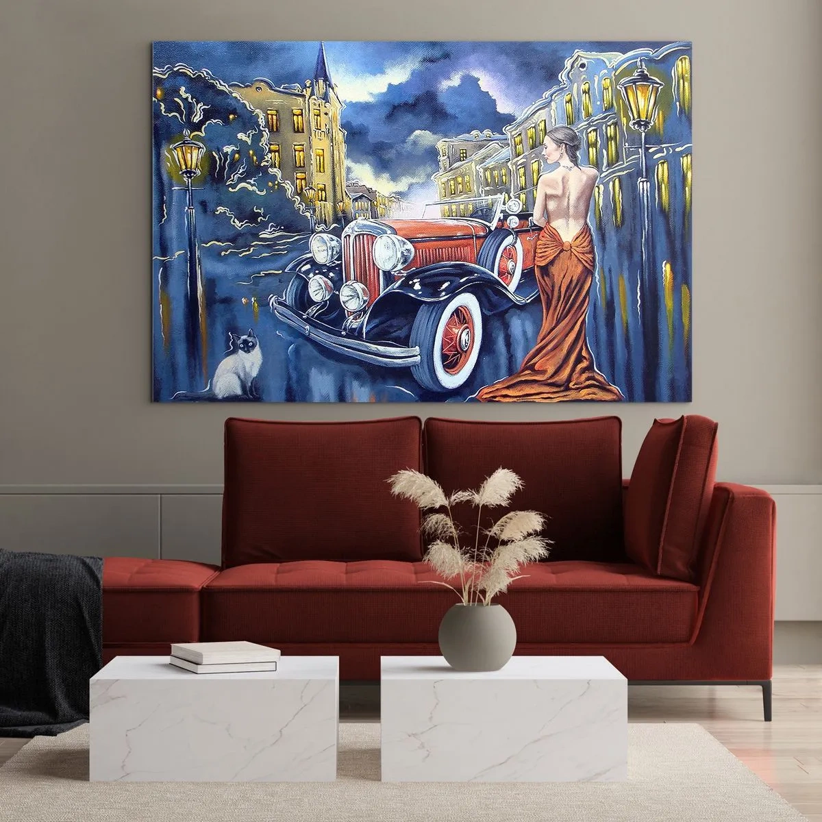 Cuadro sobre vidrio - Impresiones sobre Vidrio - Una mujer con un vestido elegante junto a un coche clásico. - 70x50cm - Noche de romanticismo - Decoración de pared moderna para salón y dormitorio ARTTOR