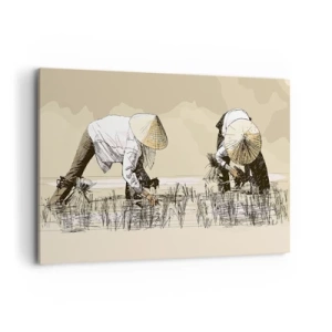 Cuadro sobre lienzo - Impresión de Imagen - Agricultores trabajando en un campo de arroz con sombreros tradicionales - 120x80cm - De una cosecha exitosa - Decoración de pared moderna para salón y dormitorio ARTTOR