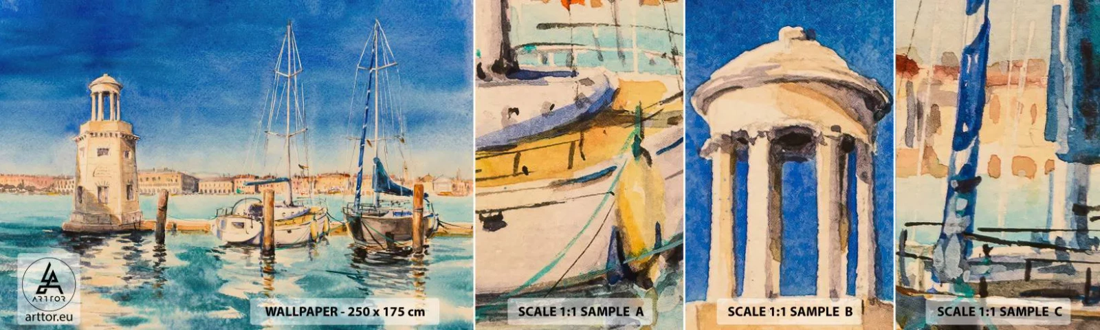 Muestra De Fotomural Standard Eco - Laguna soleada - Puerto, Paisaje, Faro - 100x30 cm