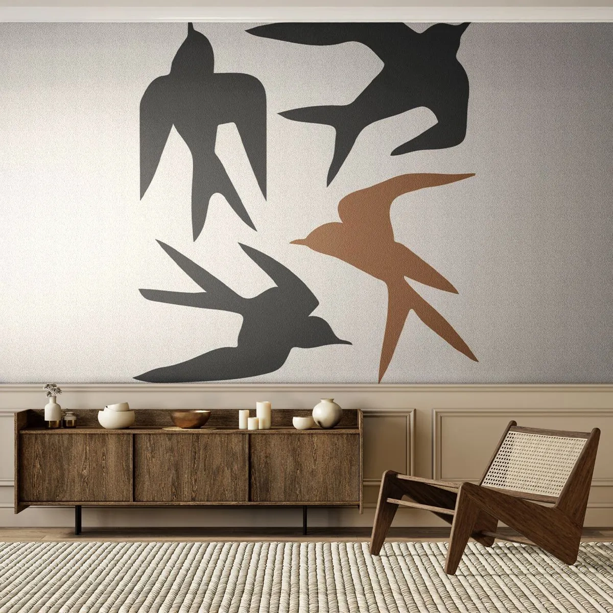 Fotomural Premium Sand - Siluetas estilizadas de golondrinas en vuelo sobre un fondo claro. - 100x70cm - Juegos de golondrinas - Decoración de pared moderna para salón y dormitorio ARTTOR