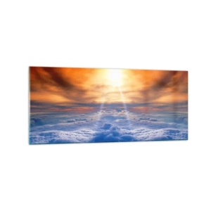 Cuadro sobre vidrio - Impresiones sobre Vidrio - Puesta de sol sobre las nubes, el cielo lleno de colores dorados y luz. - 120x50cm - Paisaje místico - Decoración de pared moderna para salón y dormitorio ARTTOR