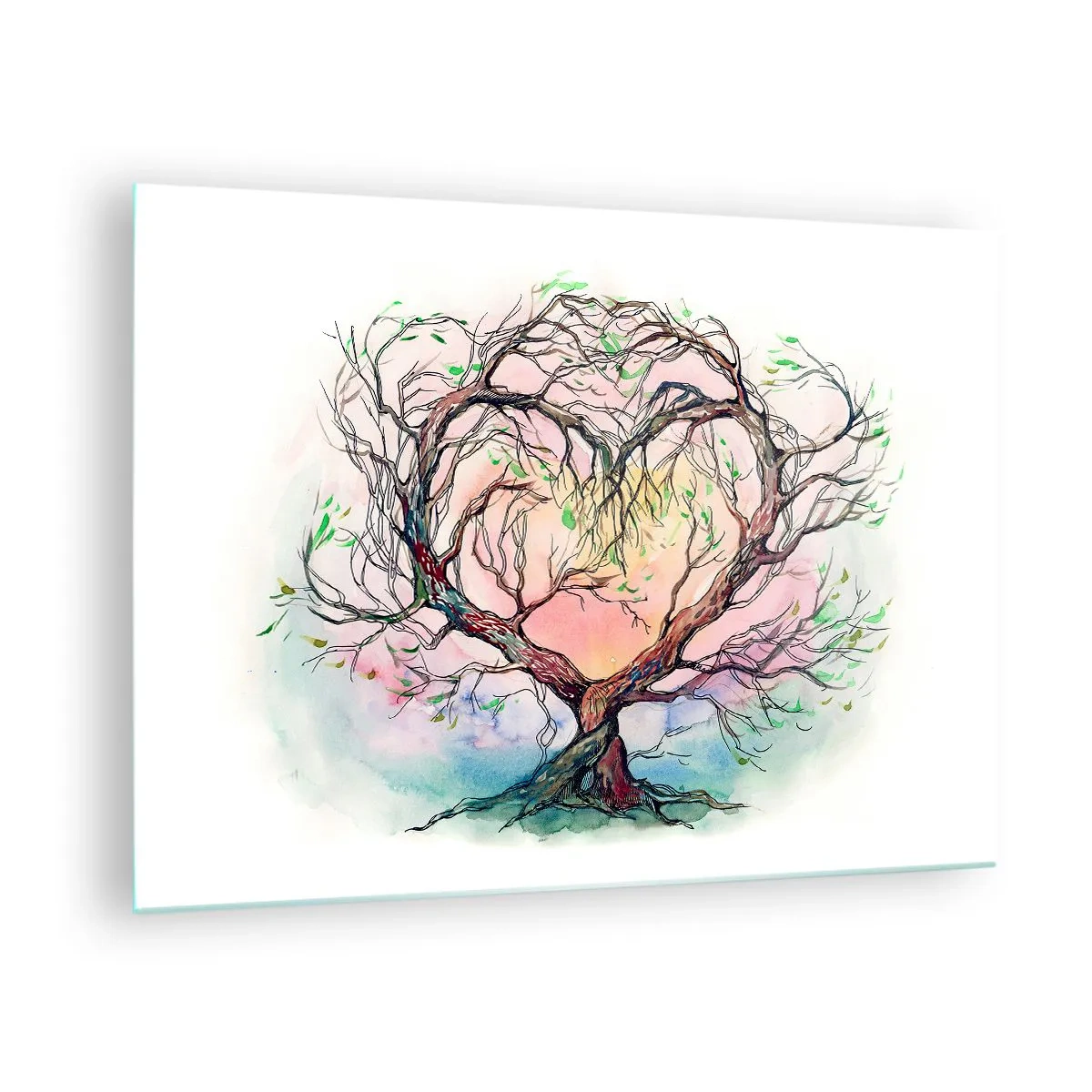 Cuadro sobre vidrio - Impresiones sobre Vidrio - Un árbol en forma de corazón con un fondo colorido y pastel. - 70x50cm - Juntos contra los vientos - Decoración de pared moderna para salón y dormitorio ARTTOR