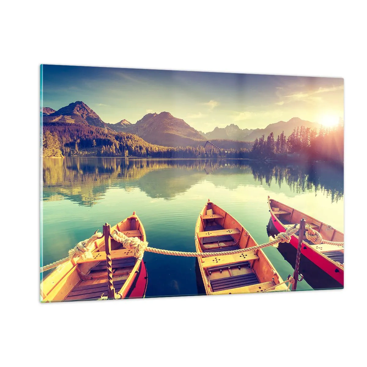 Cuadro sobre vidrio - Impresiones sobre Vidrio - Barcos de madera en un lago tranquilo rodeado de montañas. - 120x80cm - Para vivir según sus leyes - Decoración de pared moderna para salón y dormitorio ARTTOR