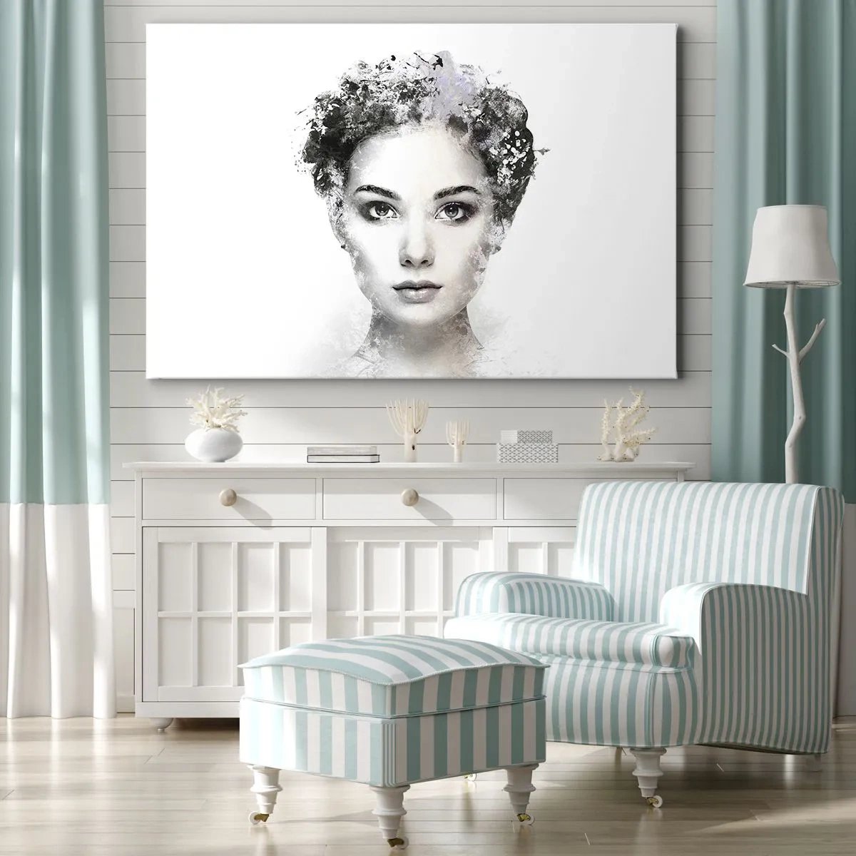 Cuadro sobre lienzo - Impresión de Imagen - Un retrato artístico de una mujer con delicados acentos abstractos. - 70x50cm - Un retrato extremadamente elegante - Decoración de pared moderna para salón y dormitorio ARTTOR
