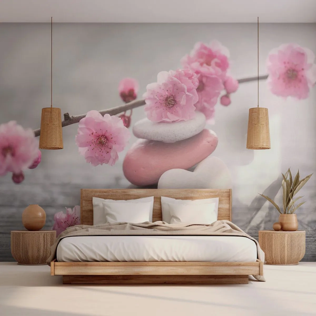Fotomural Premium Sand - Piedras en una composición armoniosa con flores rosas. - 100x70cm - Felicidad con la flor del cerezo - Decoración de pared moderna para salón y dormitorio ARTTOR
