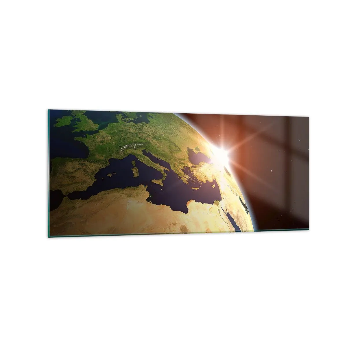 Cuadro sobre vidrio - Impresiones sobre Vidrio - Vista de la Tierra desde el espacio con rayos de sol en el horizonte - 120x50cm - Amanecer - Decoración de pared moderna para salón y dormitorio ARTTOR
