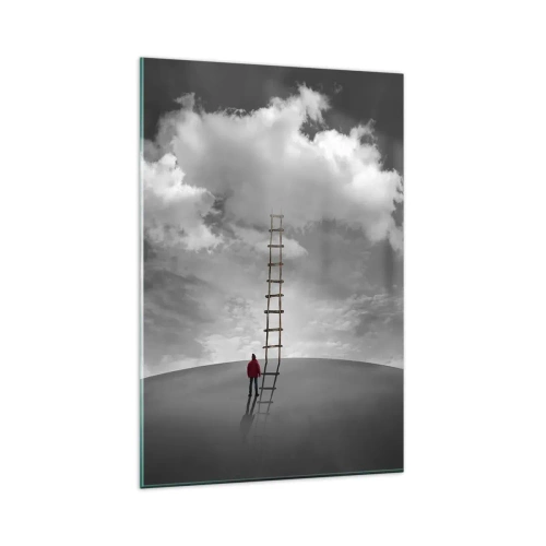 Cuadro sobre vidrio - Impresiones sobre Vidrio - Una persona con un abrigo rojo y una escalera que conduce a una nube. - 80x120cm - Todo es posible - Decoración de pared moderna para salón y dormitorio ARTTOR