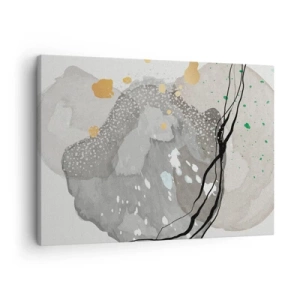 Cuadro sobre lienzo - Impresión de Imagen - Formas orgánicas en tonos grises con acentos negros y dorados. - 70x50cm - Composición orgánica - Decoración de pared moderna para salón y dormitorio ARTTOR