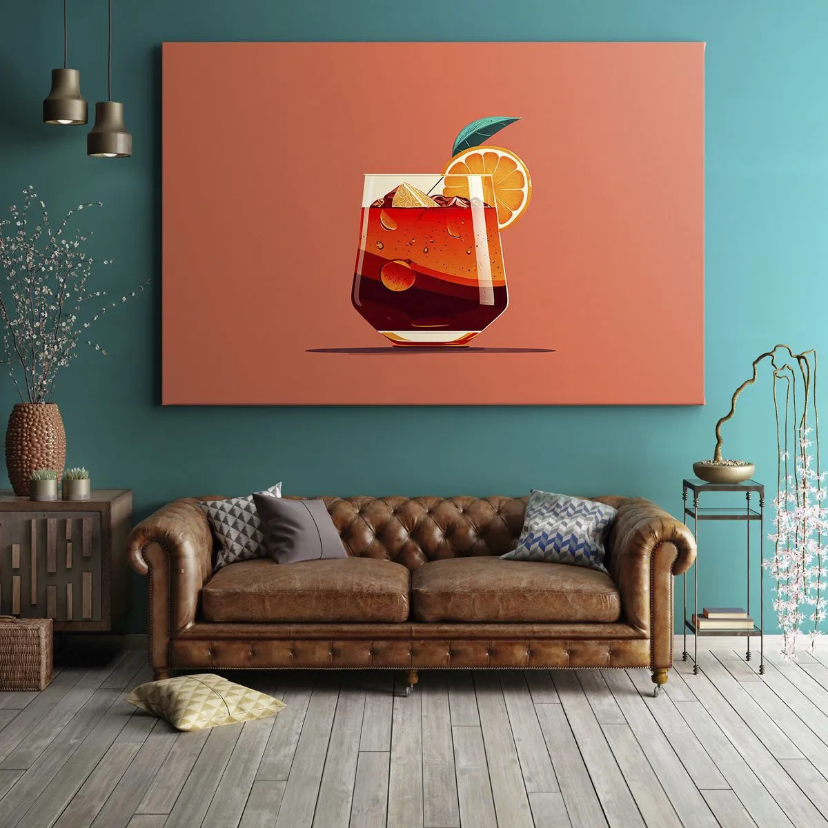 Cuadro sobre lienzo - Impresión de Imagen - Un vaso de bebida y una rodaja de naranja sobre un fondo naranja. - 70x50cm - Refresco de verano - Decoración de pared moderna para salón y dormitorio ARTTOR