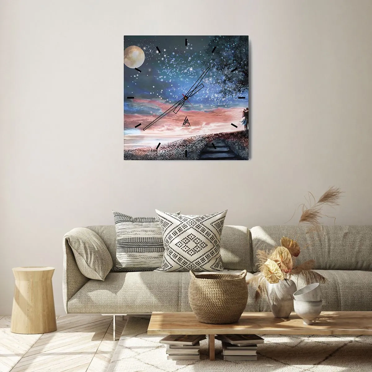 Reloj de pared - Reloj de vidrio - Escena romántica de pareja bajo la luna llena - 30x30cm - Un espectáculo estelar - Decoración de pared moderna para salón y dormitorio ARTTOR
