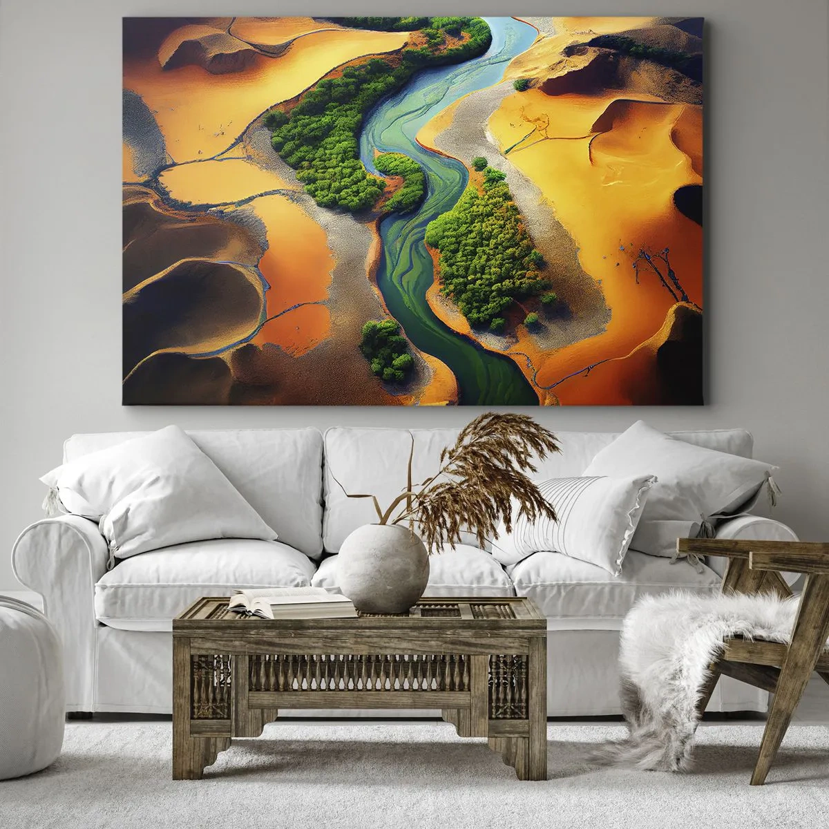 Cuadro sobre lienzo - Impresión de Imagen - Un río verde rodeado de arenas doradas y vegetación. - 100x70cm - Río que da vida - Decoración de pared moderna para salón y dormitorio ARTTOR