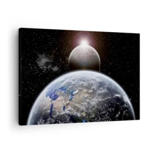 Cuadro sobre lienzo - Impresión de Imagen - El planeta Tierra y la Luna con el espacio exterior estrellado como telón de fondo. - 70x50cm - Paisaje cósmico - amanecer - Decoración de pared moderna para salón y dormitorio ARTTOR