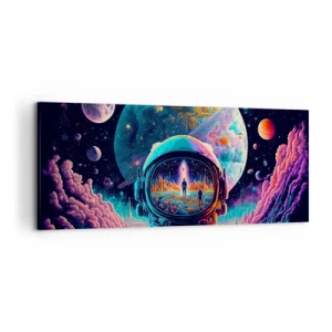 Cuadro sobre lienzo - Impresión de Imagen - Astronauta en el espacio con un colorido paisaje planetario. - 120x50cm - Sueños de niño - Decoración de pared moderna para salón y dormitorio ARTTOR