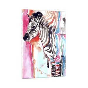 Cuadro sobre vidrio - Impresiones sobre Vidrio - Cebra colorida en estilo acuarela - 50x70cm - Una broma despreocupada de la naturaleza - Decoración de pared moderna para salón y dormitorio ARTTOR