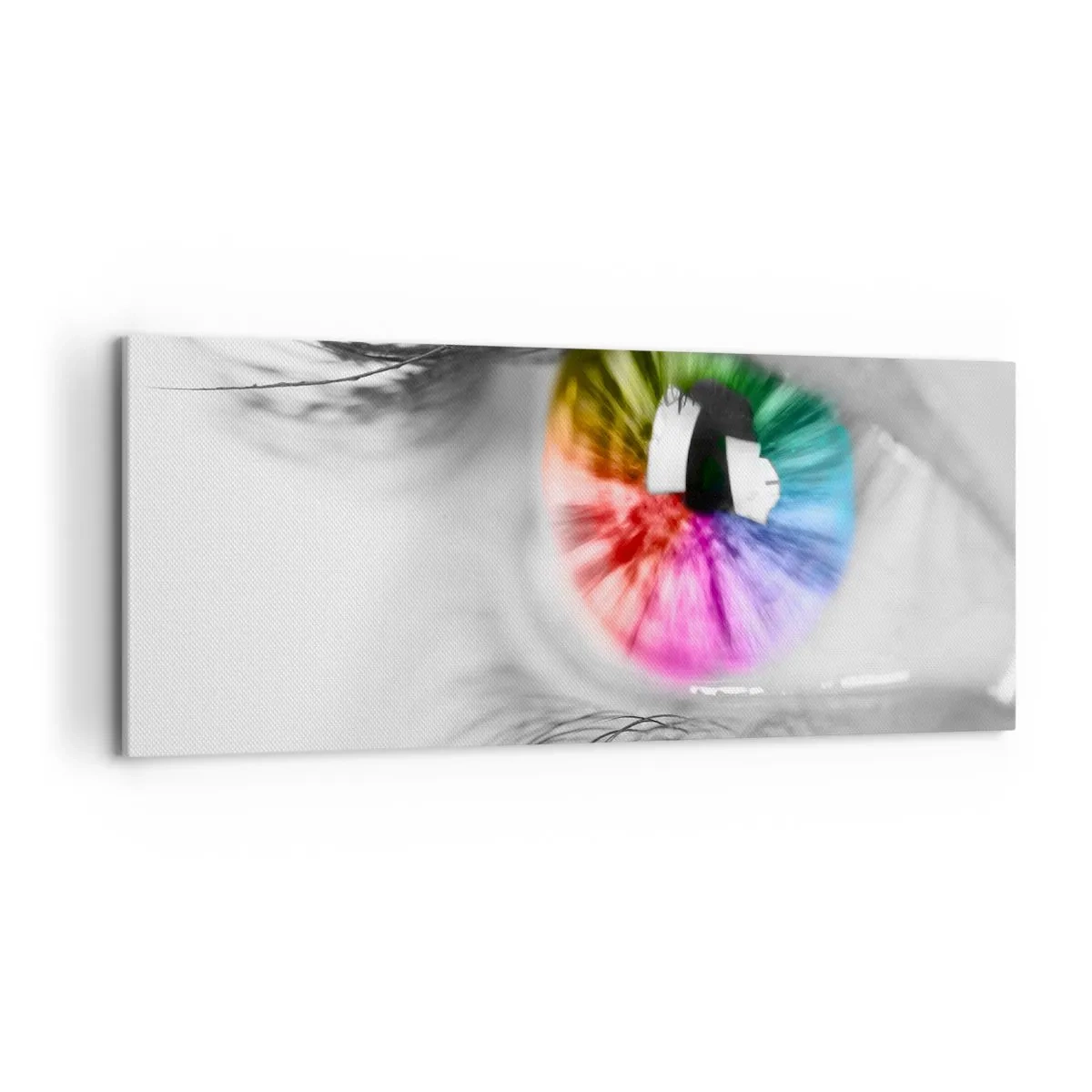 Cuadro sobre lienzo - Impresión de Imagen - Fotografía artística de un ojo con iris de arcoíris sobre un fondo gris. - 120x50cm - Ver el mundo en color - Decoración de pared moderna para salón y dormitorio ARTTOR
