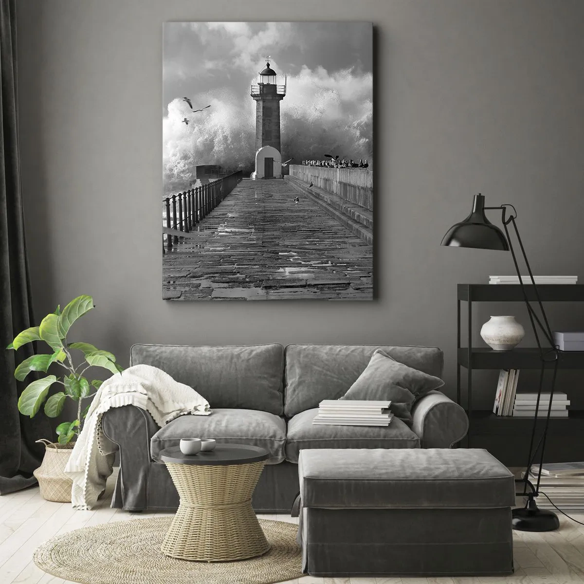 Cuadro sobre lienzo - Impresión de Imagen - Un faro rodeado de olas durante una tormenta. - 50x70cm - Audaz - Decoración de pared moderna para salón y dormitorio ARTTOR