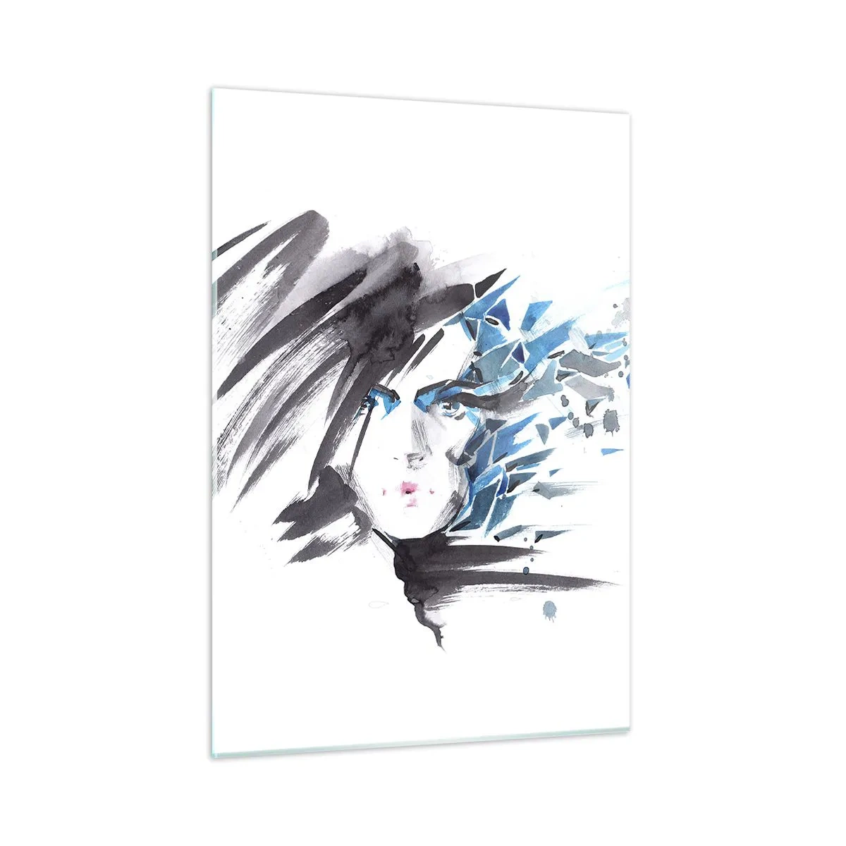 Cuadro sobre vidrio - Impresiones sobre Vidrio - Retrato de una mujer con acentos azules abstractos - 50x70cm - Un sensual retrato en gris y azul - Decoración de pared moderna para salón y dormitorio ARTTOR