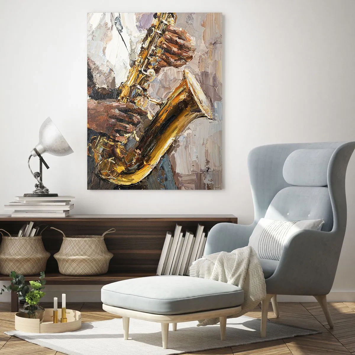 Cuadro sobre vidrio - Impresiones sobre Vidrio - Un músico tocando el saxofón pintado con la técnica del empaste. - 50x70cm - Llegó el momento del solo - Decoración de pared moderna para salón y dormitorio ARTTOR