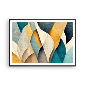 Póster en marco negro - Ondas abstractas en tonos azules y dorados. - 100x70cm - Ritmo y ondulación - Decoración de pared moderna para salón y dormitorio ARTTOR