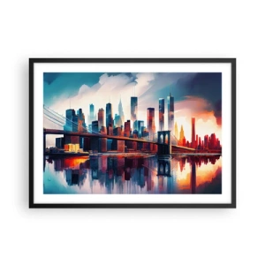 Póster en marco negro - Panorama de la ciudad de Nueva York con puente y reflejo en el agua - 70x50cm - Nueva York siempre luce - Decoración de pared moderna para salón y dormitorio ARTTOR