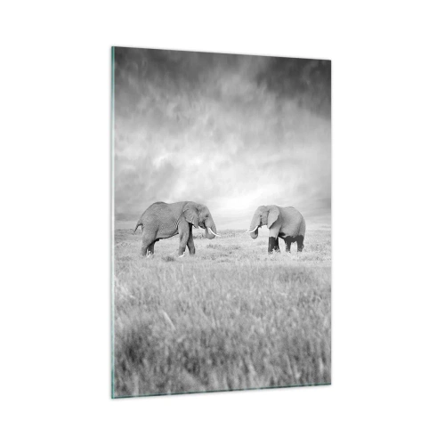 Cuadro sobre vidrio - Impresiones sobre Vidrio - Dos elefantes en la sabana en tonos blanco y negro. - 50x70cm - El gris es hermoso - Decoración de pared moderna para salón y dormitorio ARTTOR