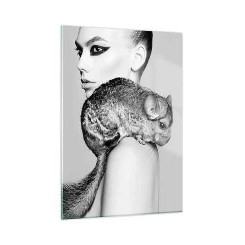 Cuadro sobre vidrio - Impresiones sobre Vidrio - Retrato de una mujer con una chinchilla en blanco y negro - 50x70cm - Dama con chinchilla - Decoración de pared moderna para salón y dormitorio ARTTOR