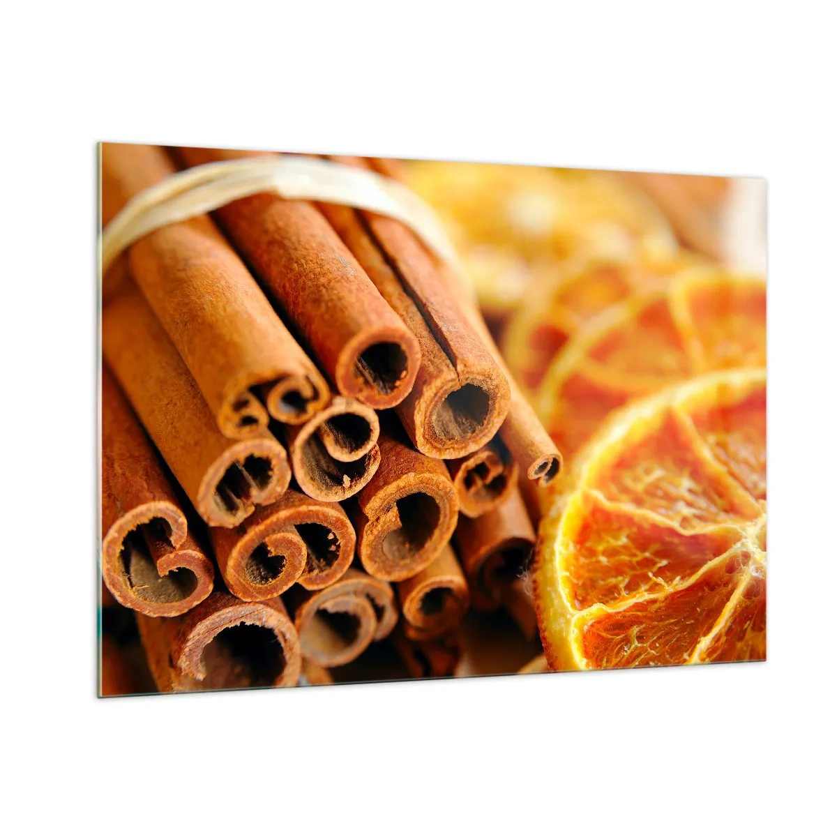 Cuadro sobre vidrio - Impresiones sobre Vidrio - Primer plano de ramas de canela y rodajas de naranja secas - 100x70cm - ¿Puedes oler su aroma? - Decoración de pared moderna para salón y dormitorio ARTTOR