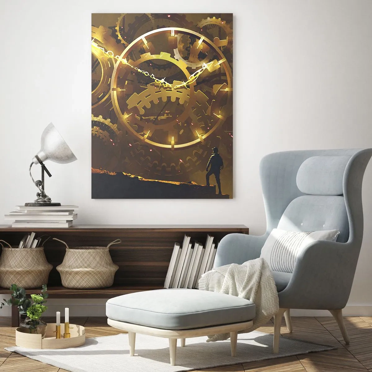Cuadro sobre vidrio - Impresiones sobre Vidrio - Engranajes steampunk dorados con retroiluminación sobre una silueta humana - 50x70cm - En la fuente del tiempo - Decoración de pared moderna para salón y dormitorio ARTTOR
