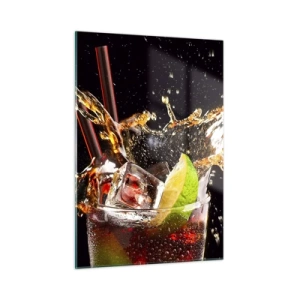 Cuadro sobre vidrio - Impresiones sobre Vidrio - Un vaso de bebida con lima y salpicaduras sobre un fondo negro. - 50x70cm - Alegría y energía colorida - Decoración de pared moderna para salón y dormitorio ARTTOR