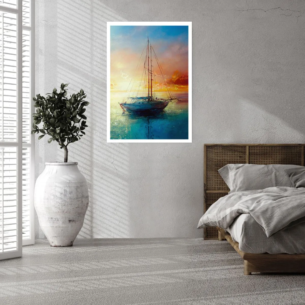 Póster - Un yate en un mar tranquilo al atardecer. - 50x70cm - En una bahía dorada - Decoración de pared moderna para salón y dormitorio ARTTOR