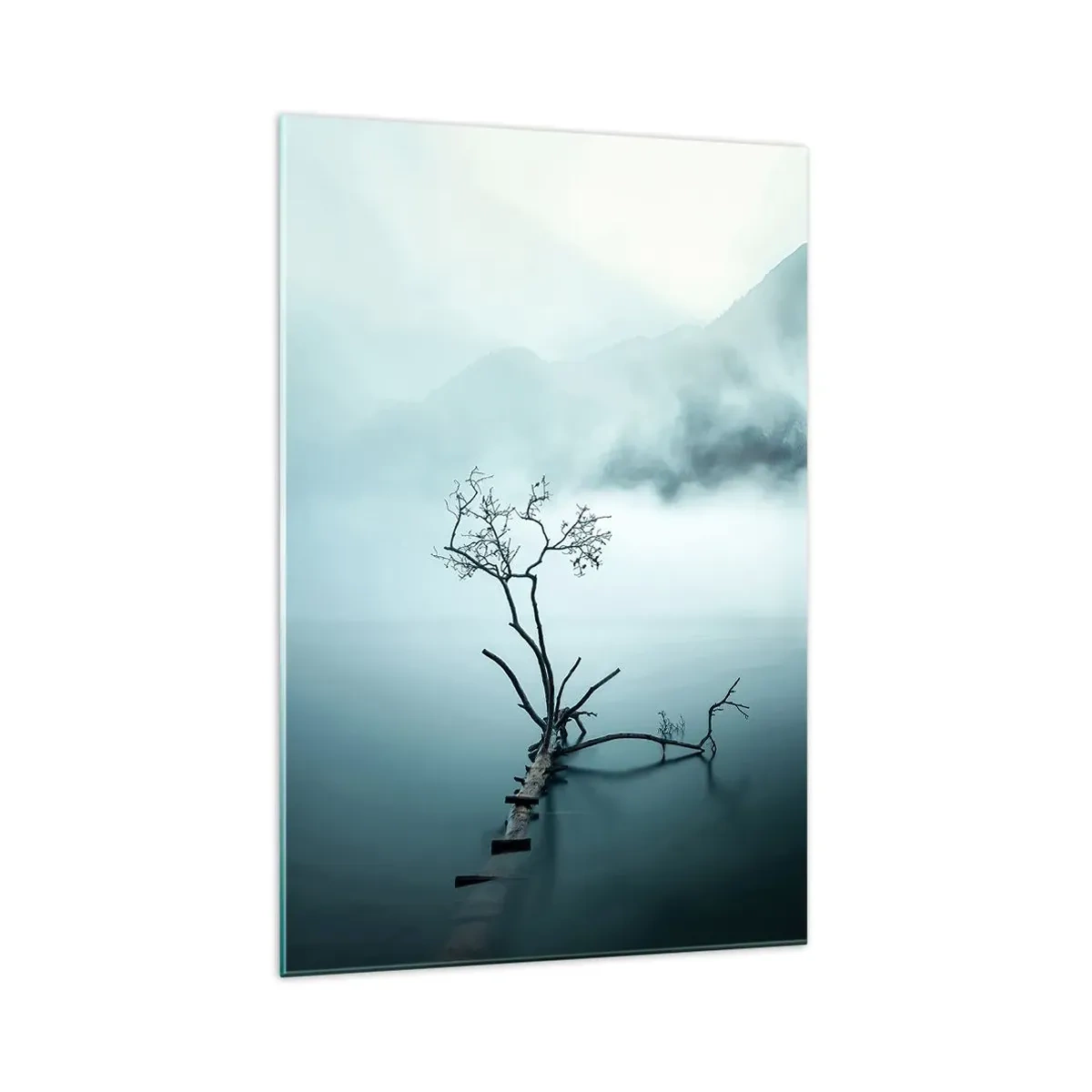 Cuadro sobre vidrio - Impresiones sobre Vidrio - Un árbol solitario en el agua rodeado de niebla y montañas. - 70x100cm - Fuera del agua y de la niebla - Decoración de pared moderna para salón y dormitorio ARTTOR