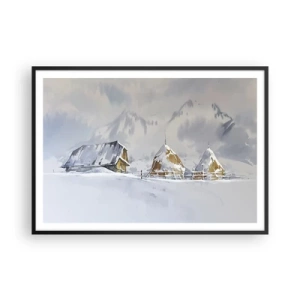 Póster en marco negro - Paisaje invernal con una cabaña y pajares en las montañas - 100x70cm - En un valle nevado - Decoración de pared moderna para salón y dormitorio ARTTOR