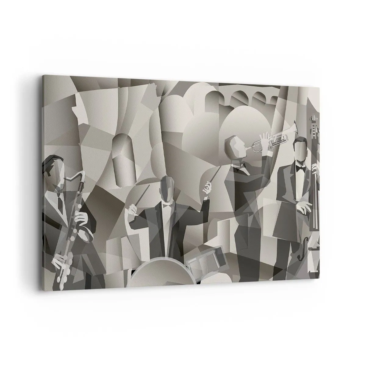 Cuadro sobre lienzo - Impresión de Imagen - Escena abstracta con músicos de jazz en tonos de gris. - 100x70cm - En el espacio de los sonidos - Decoración de pared moderna para salón y dormitorio ARTTOR