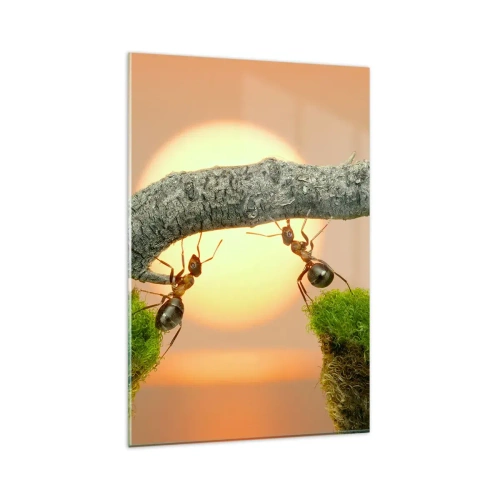Cuadro sobre vidrio - Impresiones sobre Vidrio - Hormigas construyendo un puente de ramas con el sol poniente como telón de fondo. - 80x120cm - Trabajar juntos con alegría - Decoración de pared moderna para salón y dormitorio ARTTOR