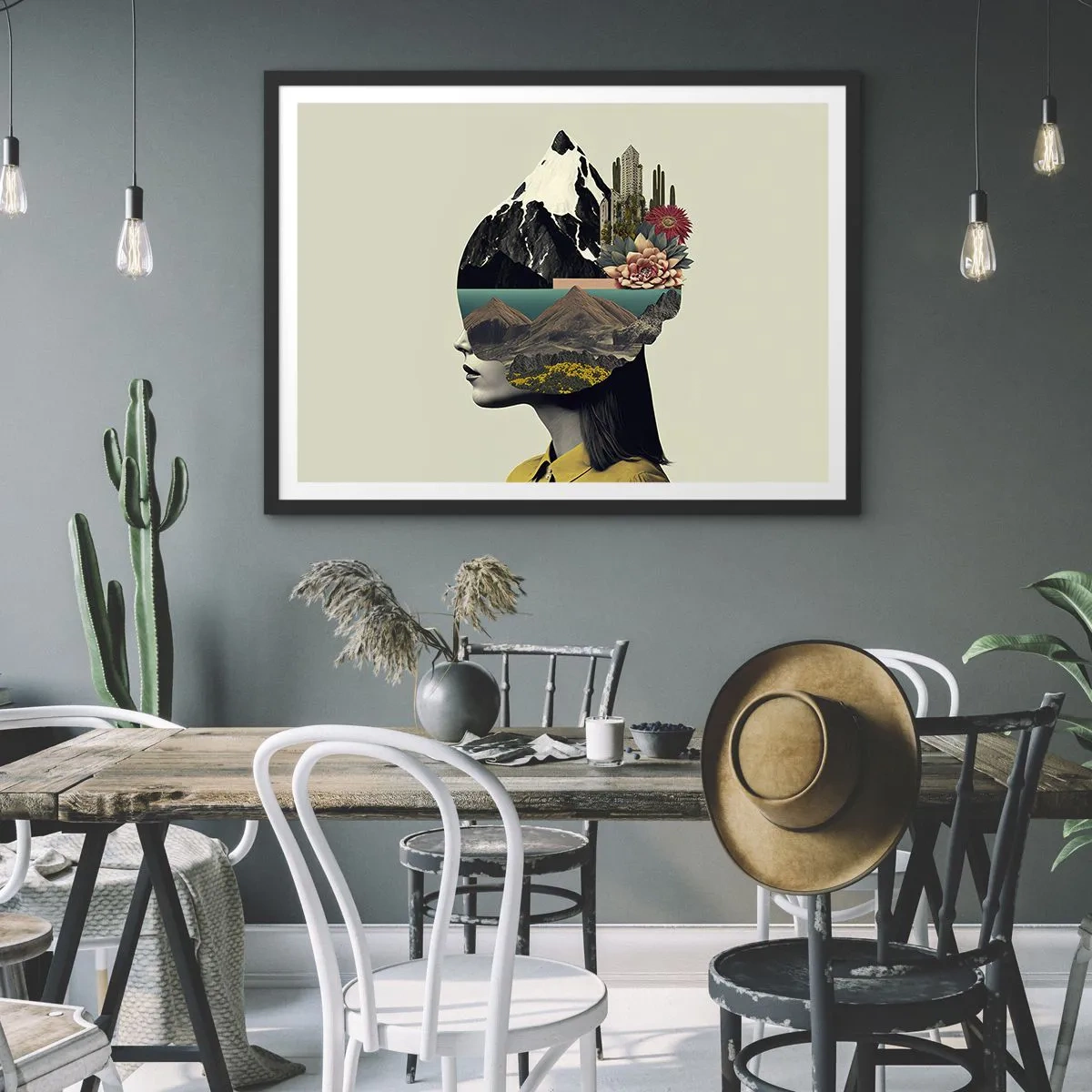 Póster en marco negro - Collage de una mujer con un paisaje de montaña y flores. - 70x50cm - La mujer, siempre un misterio - Decoración de pared moderna para salón y dormitorio ARTTOR