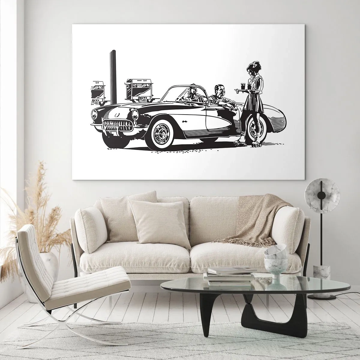 Cuadro sobre vidrio - Impresiones sobre Vidrio - Gráficos creativos con un coche clásico y personajes. - 120x80cm - Años 60 - la América despreocupada - Decoración de pared moderna para salón y dormitorio ARTTOR