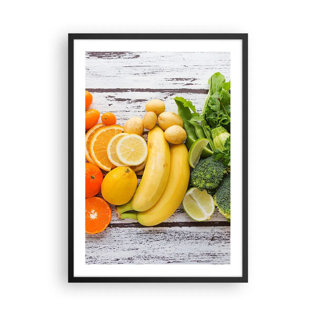 Póster en marco negro - Frutas y verduras sobre un fondo rústico. - 50x70cm - ¿No es suficiente? - Decoración de pared moderna para salón y dormitorio ARTTOR