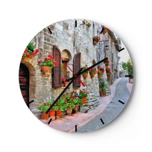Reloj de pared - Reloj de vidrio - Una calle de piedra con flores en macetas. - 30x30cm - Ambiente italiano - Decoración de pared moderna para salón, cocina y dormitorio ARTTOR