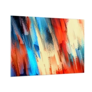 Cuadro sobre vidrio - Impresiones sobre Vidrio - Pinceladas abstractas en tonos azul, rojo y beige. - 100x70cm - Una cascada de colores - Decoración de pared moderna para salón y dormitorio ARTTOR