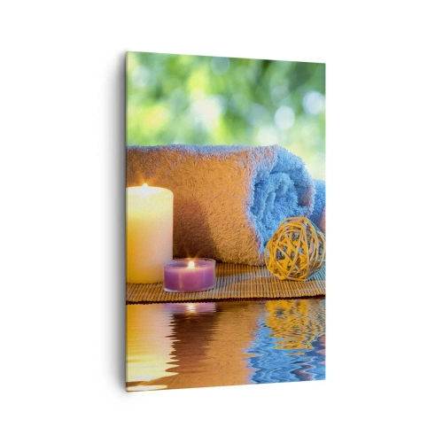 Cuadro sobre lienzo - Impresión de Imagen - Set de SPA relajante con toallas, velas y piedras - 80x120cm - Tiempo para el cuerpo - Decoración de pared moderna para salón y dormitorio ARTTOR