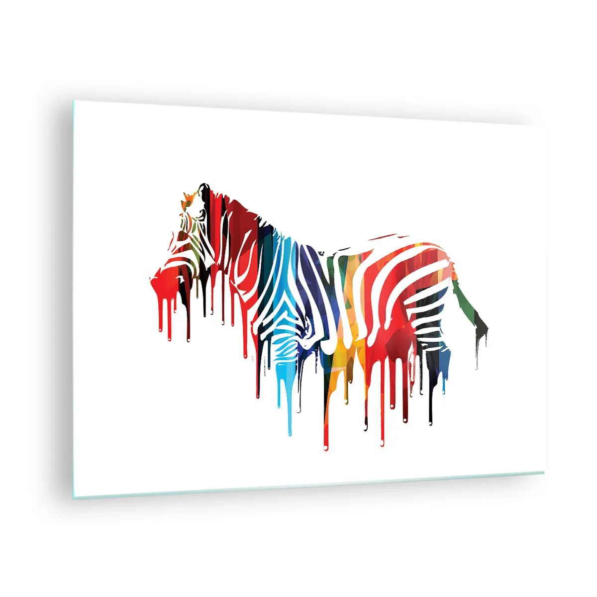 Cuadro sobre vidrio - Impresiones sobre Vidrio - Una cebra colorida en forma abstracta con un efecto de pintura goteando. - 70x50cm - No solo blanco y negro - Decoración de pared moderna para salón y dormitorio ARTTOR