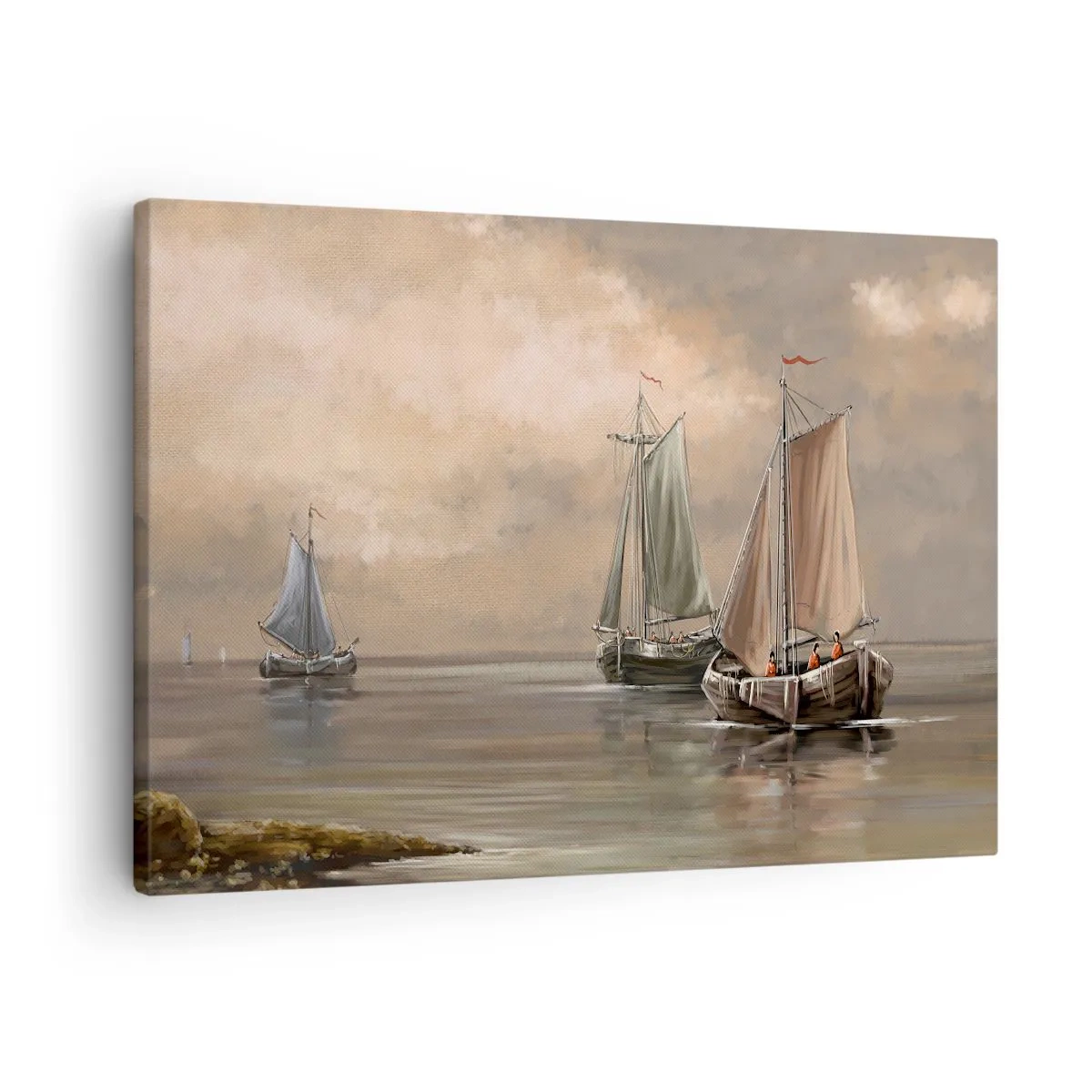 Cuadro sobre lienzo - Impresión de Imagen - Veleros en un mar en calma en un entorno pastel - 70x50cm - El regreso de los marineros - Decoración de pared moderna para salón y dormitorio ARTTOR