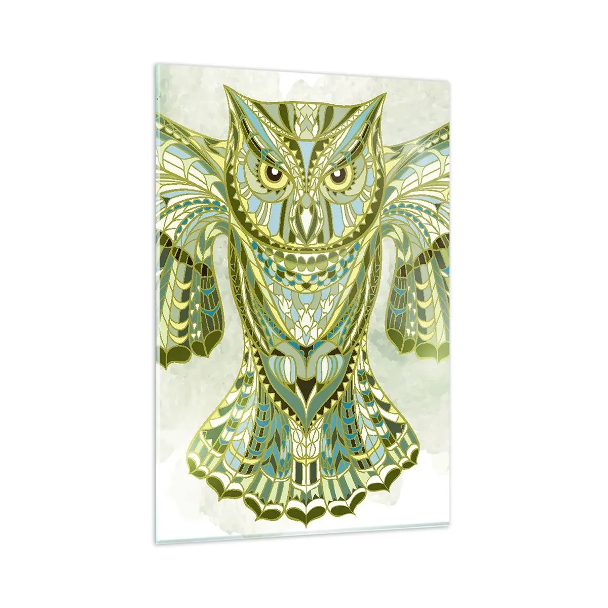 Cuadro sobre vidrio - Impresiones sobre Vidrio - Búho decorativo en tonos azules. - 80x120cm - De una arboleda sagrada celta - Decoración de pared moderna para salón y dormitorio ARTTOR
