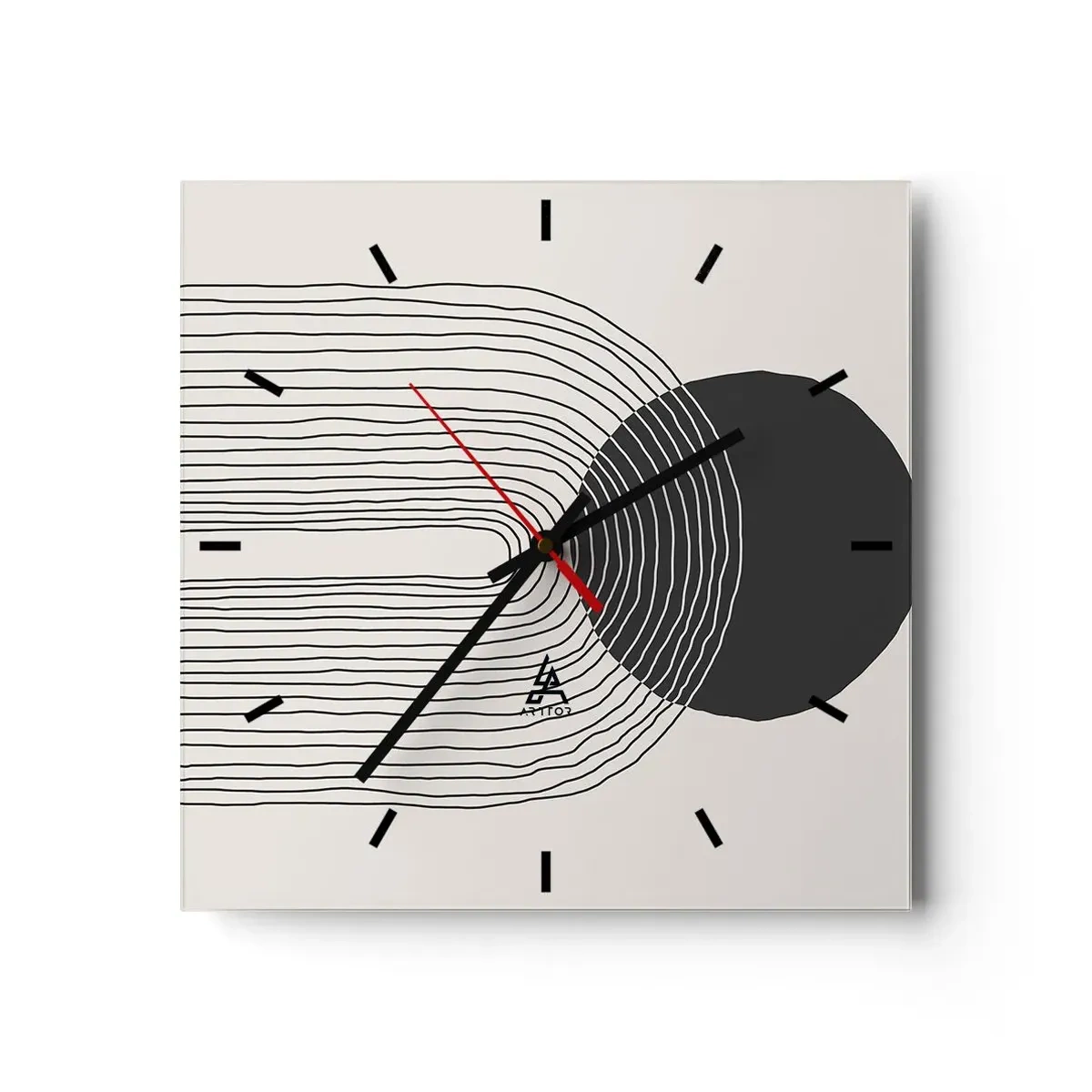 Reloj de pared - Reloj de vidrio - Patrón abstracto con líneas y un círculo negro sobre un fondo claro - 30x30cm - Temblor y certeza - Decoración de pared moderna para salón y dormitorio ARTTOR